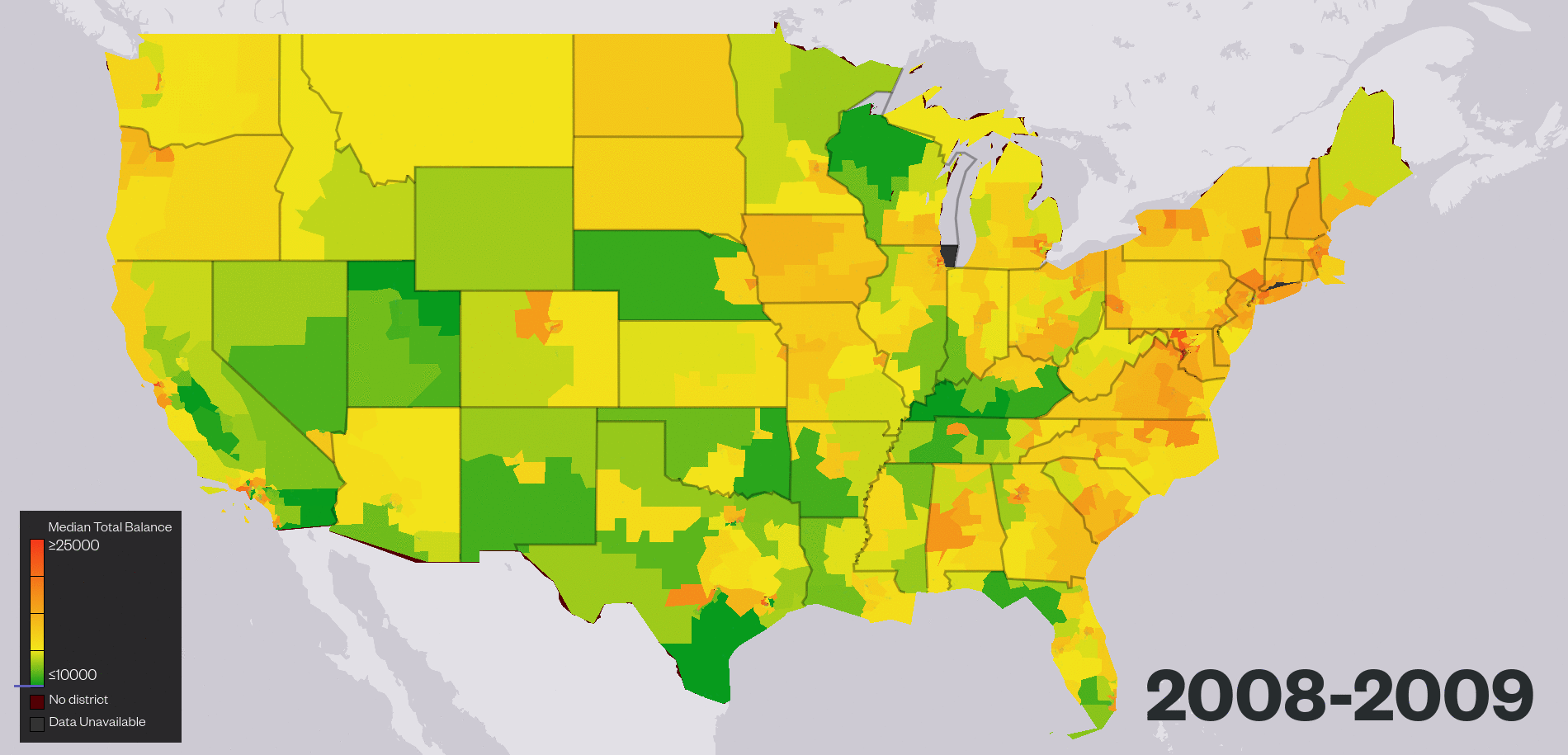 Map of changing average debt levels across the contiguous US